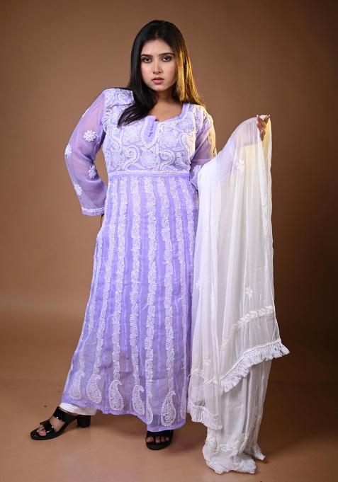 Purple Hand Work Georgette Kurti Set