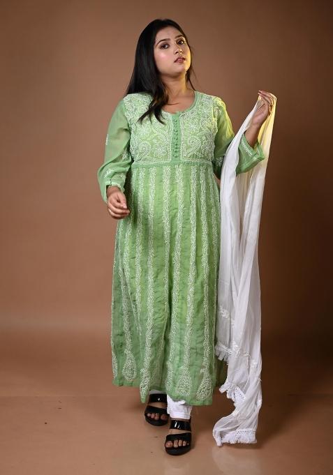 Green Hand Work Georgette Kurti Set