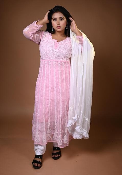 Pink Hand Work Georgette Kurti Set
