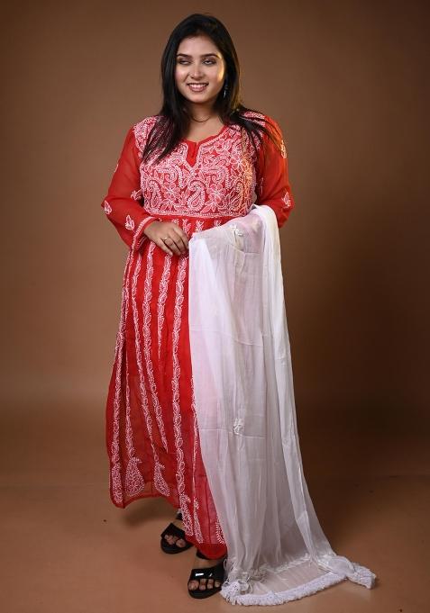 Red Hand Work Georgette Kurti Set