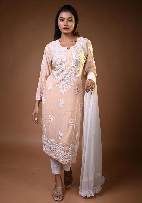 Peach Hand Work Muslin Kurti Set