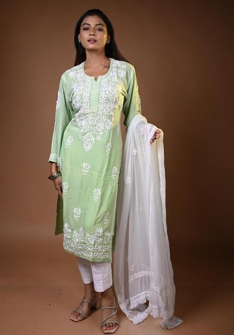 Green Hand Work Muslin Kurti Set