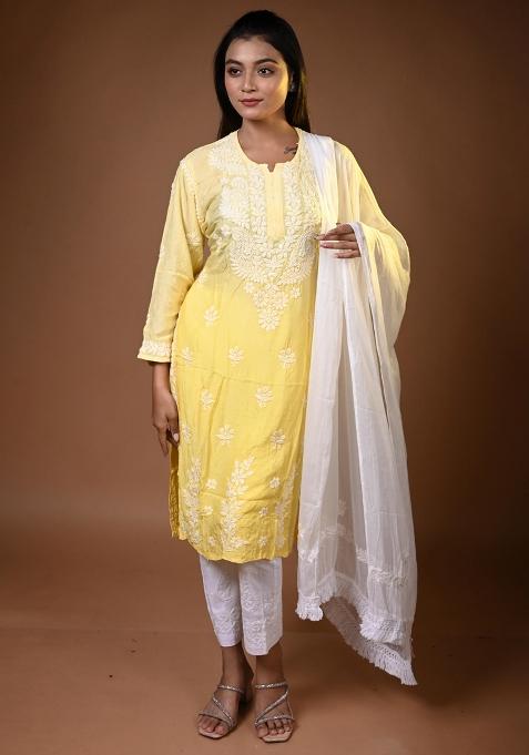 Yellow Hand Work Muslin Kurti Set