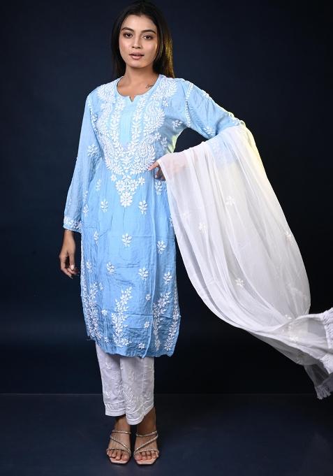 Sky Hand Work Muslin Kurti Set