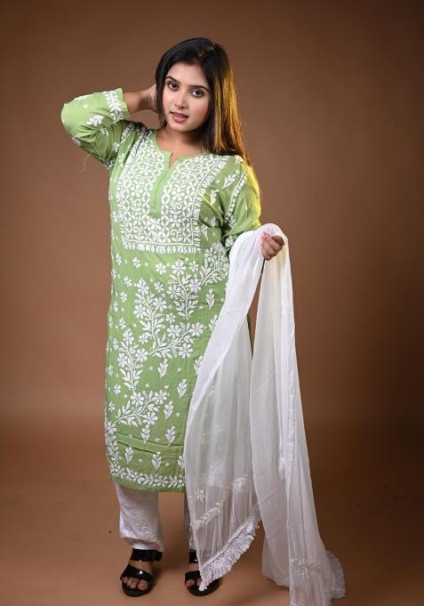 Green Hand Work Modal Kurti Set
