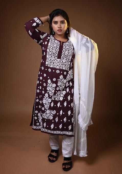 Deep Radish Maroon Hand Work Modal Kurti Set