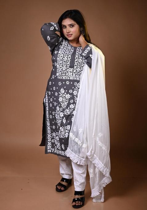 Grey Hand Work Modal Kurti Set