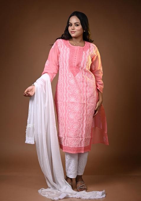 Peach Hand Work Cotton Kurti Set