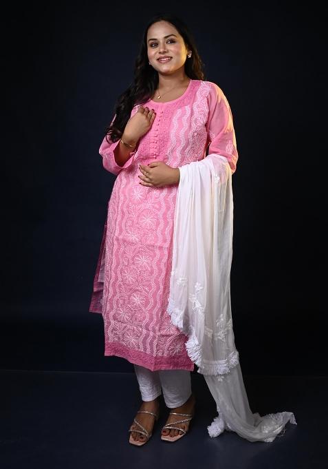 Pink Hand Work Cotton Kurti Set