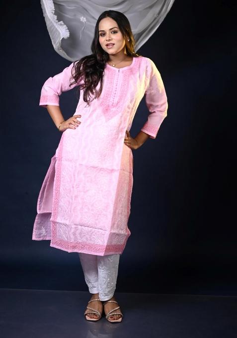 Pink Hand Work Cotton Kurti Set