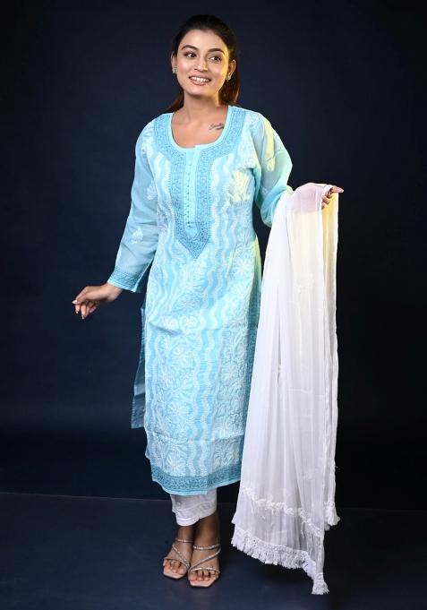 Sky Hand Work Cotton Kurti Set