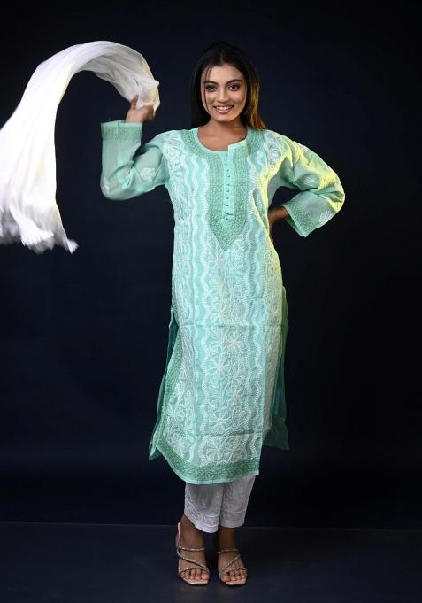 Sky Hand Work Cotton Kurti Set