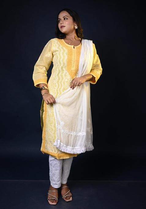 Yellow Hand Work Cotton Kurti Set