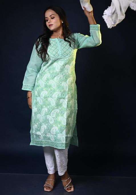 Green Hand Work Cotton Kurti Set