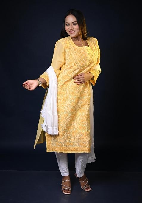 Yellow Hand Work Cotton Kurti Set