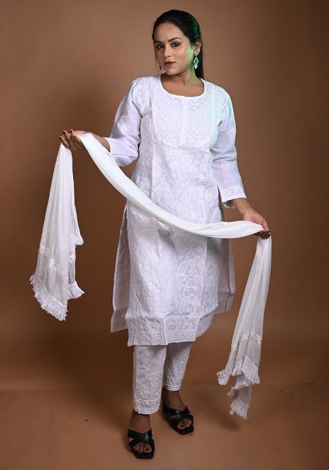 White Hand Work Cotton Kurti Set