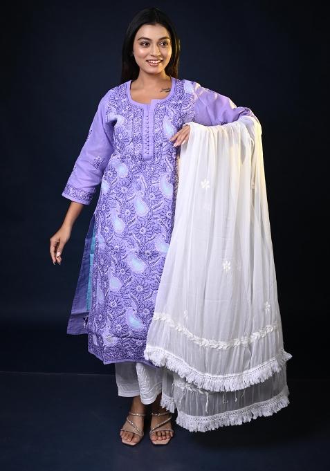 Purple Hand Work Cotton Kurti Set