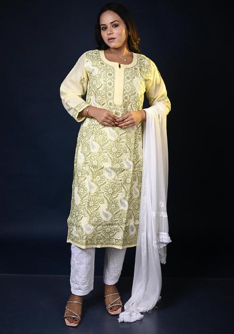 Yellow Hand Work Cotton Kurti Set