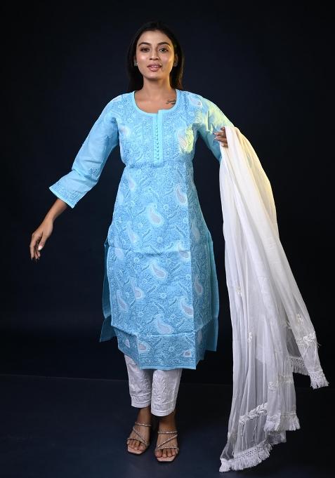 Sky Hand Work Cotton Kurti Set