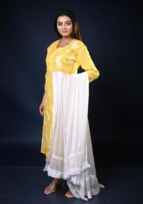 Yellow Hand Work Cotton Kurti Set