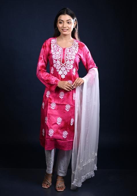 Pink Embroidery Cotton Kurti Set