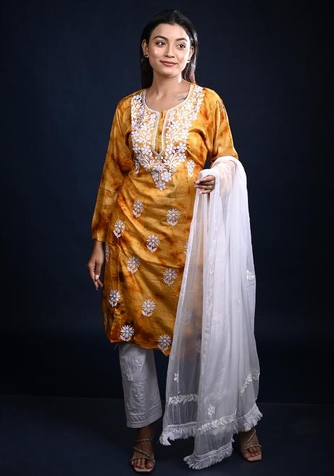 Yellow Embroidery Cotton Kurti Set