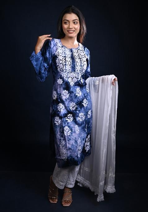 Blue Embroidery Cotton Kurti Set
