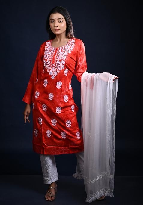 Red Embroidery Cotton Kurti Set