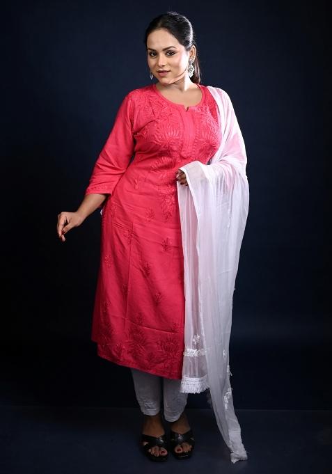 Red Hand Work Cotton Kurti Set