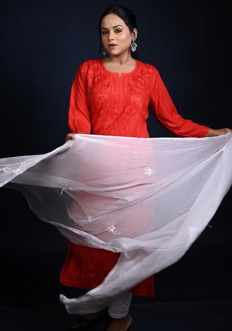 Red Hand Work Cotton Kurti Set