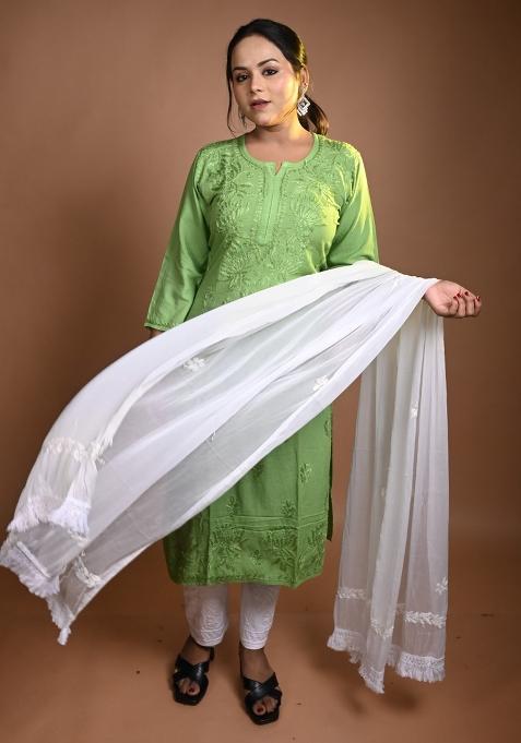 Green Hand Work Ombre Dyed Muslin Kurti Set