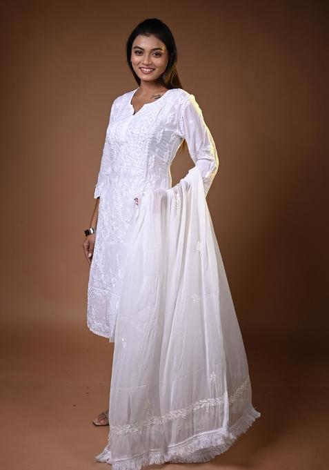 White Hand Work Modal Kurti Set