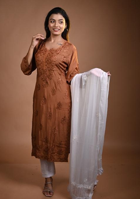 Brown Hand Work Cotton Kurti Set