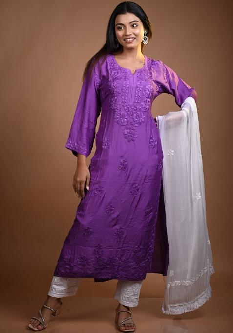 Purple Hand Work Ombre Dyed Muslin Kurti Set