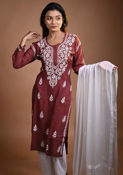 Brown Hand Work Cotton Kurti Set