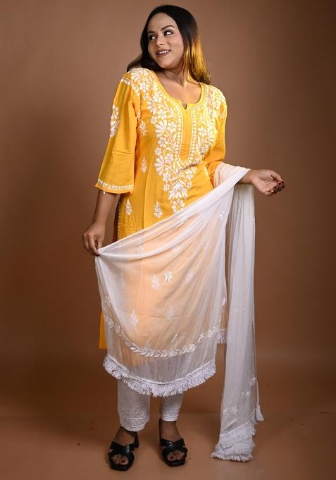 Yellow Hand Work Cotton Kurti Set