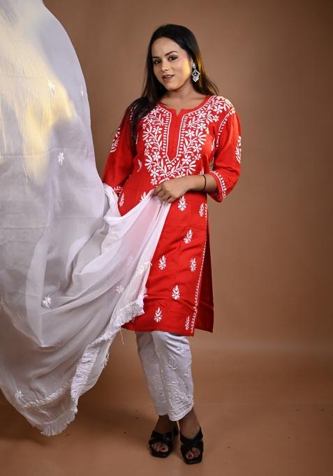 Red Hand Work Cotton Kurti Set
