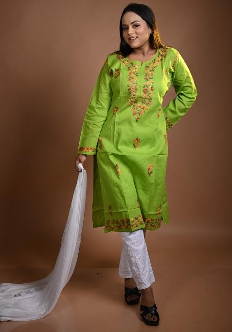 Green Hand Work Cotton Kurti Set