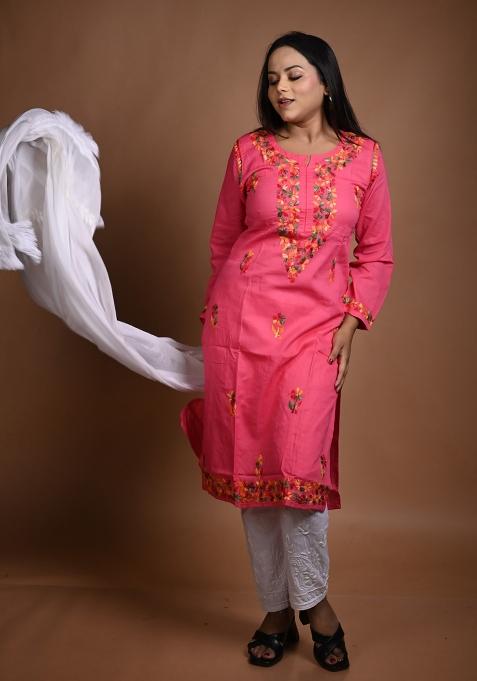 Pink Hand Work Cotton Kurti Set