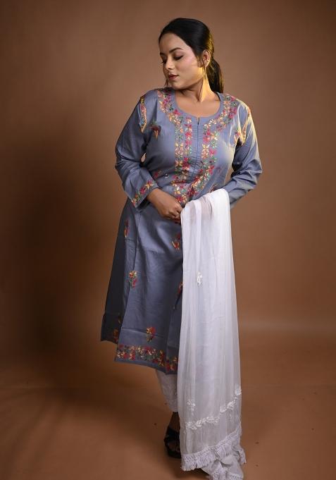 Grey Hand Work Cotton Kurti Set