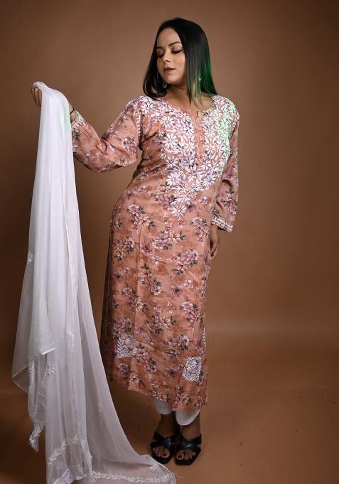 Peach Hand Work Cotton Kurti Set