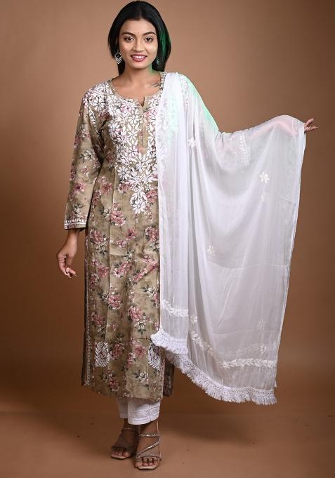 Brown Hand Work Cotton Kurti Set