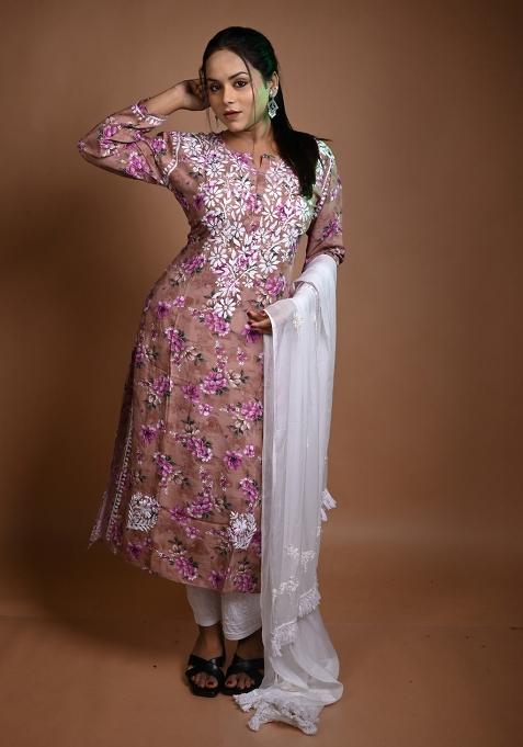 Floler Brown Hand Work Cotton Kurti Set