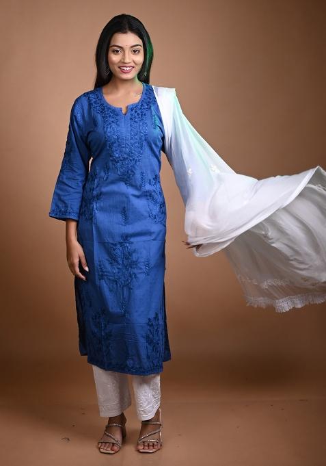 Blue Hand Work Cotton Kurti Set