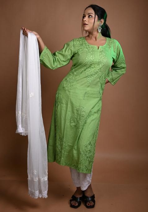 Green Hand Work Cotton Kurti Set