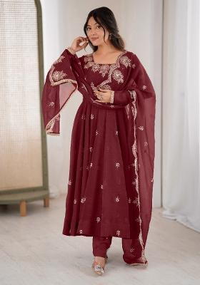 Maroon  Sequnce Emroidery Work Silk Kurta Set