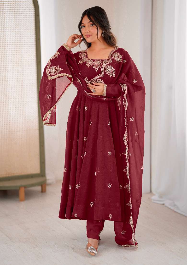Maroon Embroidered Silk Blend Anarkali Set - Indya