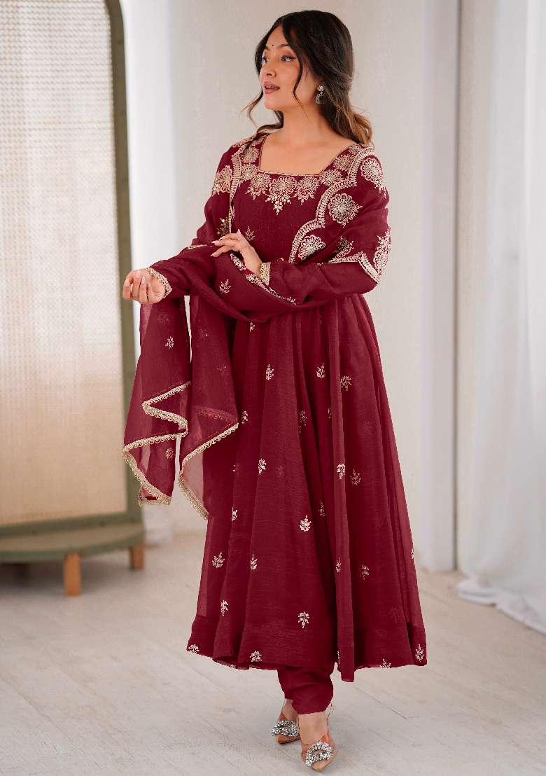 Maroon Embroidered Silk Blend Anarkali Set - Indya