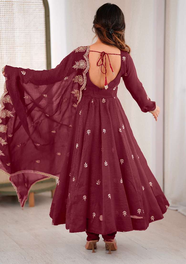 Maroon Embroidered Silk Blend Anarkali Set - Indya