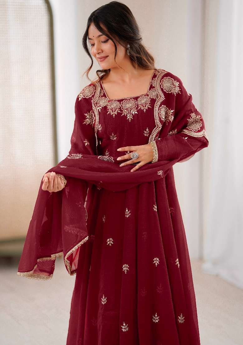 Maroon Embroidered Silk Blend Anarkali Set - Indya